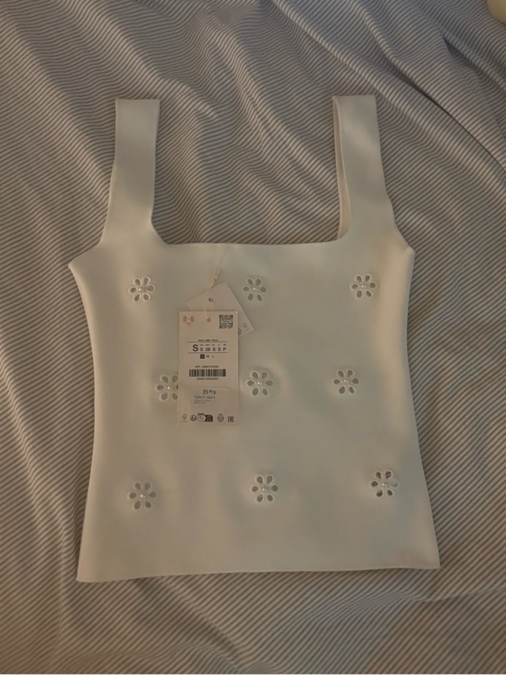 Zara Cream Square-Neck Tank with Daisy Eyelet Detail